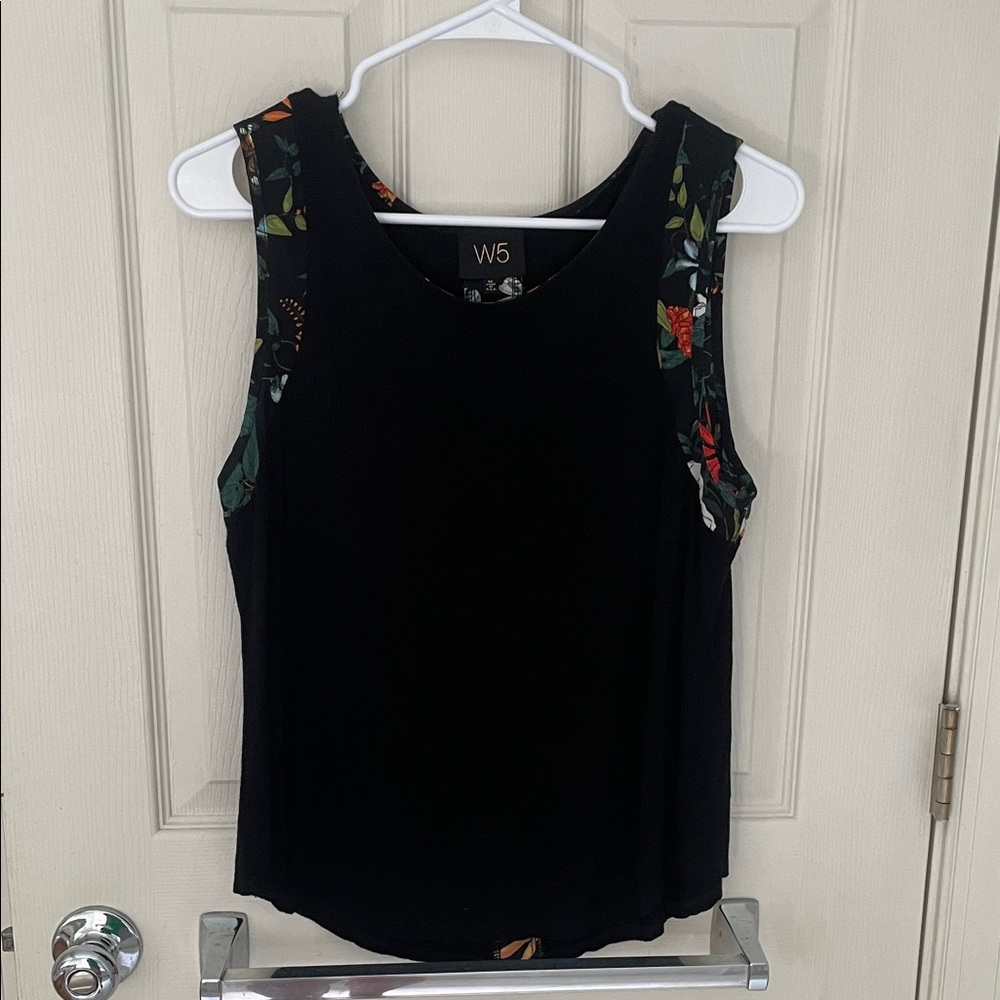 W5 Black Tank Top with Floral Accents